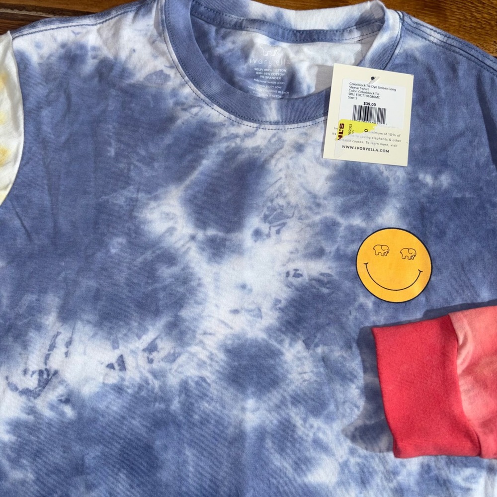 Ivory‎ Ella Long Sleeve T-Shirt Unisex Small Blue Tie Dye Colorblock Smiley Face